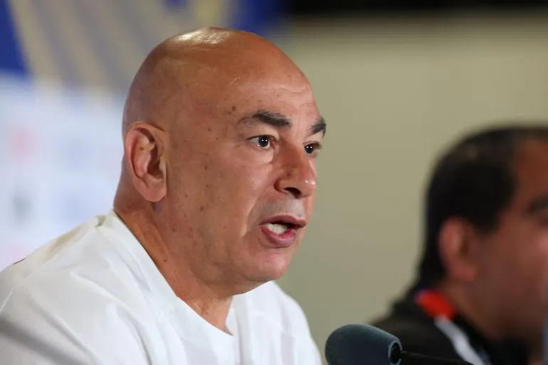 SEATTLE, WASHINGTON - JUNE 25: Hossam Hassan, head coach of Egypt, speaks to the media during a press conference one day ahead of the FIFA World Cup 2026 Group G match between Egypt and IR Iran at Seattle Stadium on June 25, 2026 in Seattle, Washington. Soobum Im/Getty Images/AFP (Photo by Soobum Im / GETTY IMAGES NORTH AMERICA / Getty Images via AFP)