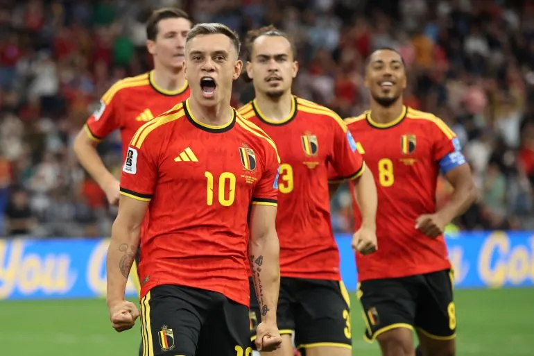 VANCOUVER, BRITISH COLUMBIA - JUNE 26: Leandro Trossard #10 of Belgium celebrates scoring his team's first goal during the FIFA World Cup 2026 Group G match between New Zealand and Belgium at BC Place Vancouver on June 26, 2026 in Vancouver, British Columbia. Alex Grimm/Getty Images/AFP (Photo by ALEX GRIMM / GETTY IMAGES NORTH AMERICA / Getty Images via AFP)