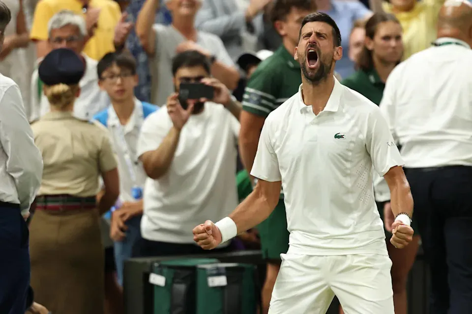Jul 7, 2026; London, United Kingdom; Novak Djokovic (SRB) celebrates after his match against Felix Auger-Aliassime (CAN) (not pictured) on day nine of The Championships Wimbledon 2026 at All England Lawn Tennis and Croquet Club. Mandatory Credit: Geoff Burke-Imagn Images© Geoff Burke-Imagn Images&period;