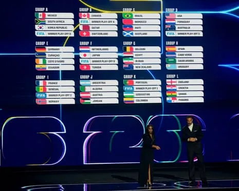 Samantha Johnson and former England football captain Rio Ferdinand at the 2026 draw in front of a screen showing all the groups