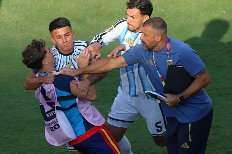 Argentina's Leandro Paredes clashes with Spain's Gavi after the match as Spain wins FIFA World Cup 2026